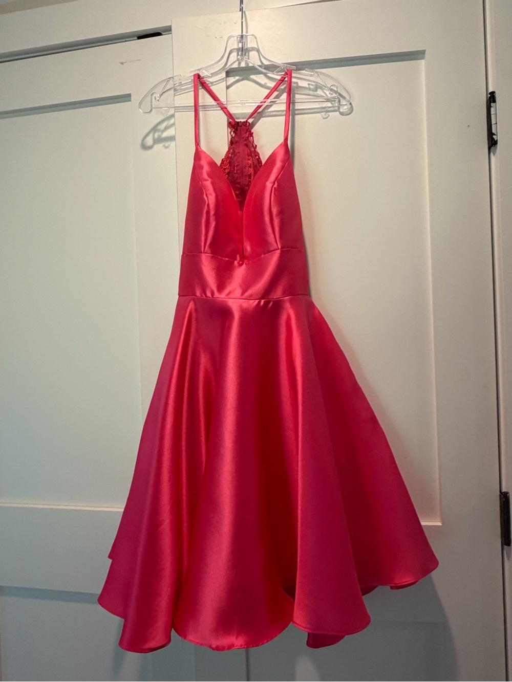 Hot Pink Satin Mini Dress with Lace Racerback